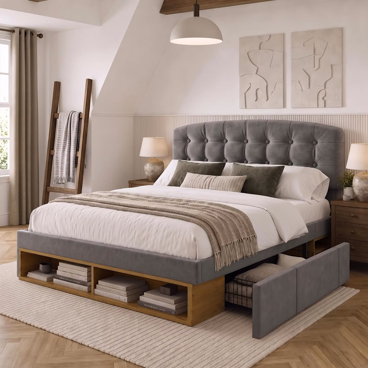 Letto imbottito Flieks 140x190 cm con cassetti, letto matrimoniale con vani portaoggetti, letto per ragazzi con testiera regolabile, velluto, grigio