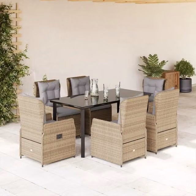 Set da Pranzo da Giardino 7 pz con Cuscini Beige in Polyrattan 3262879