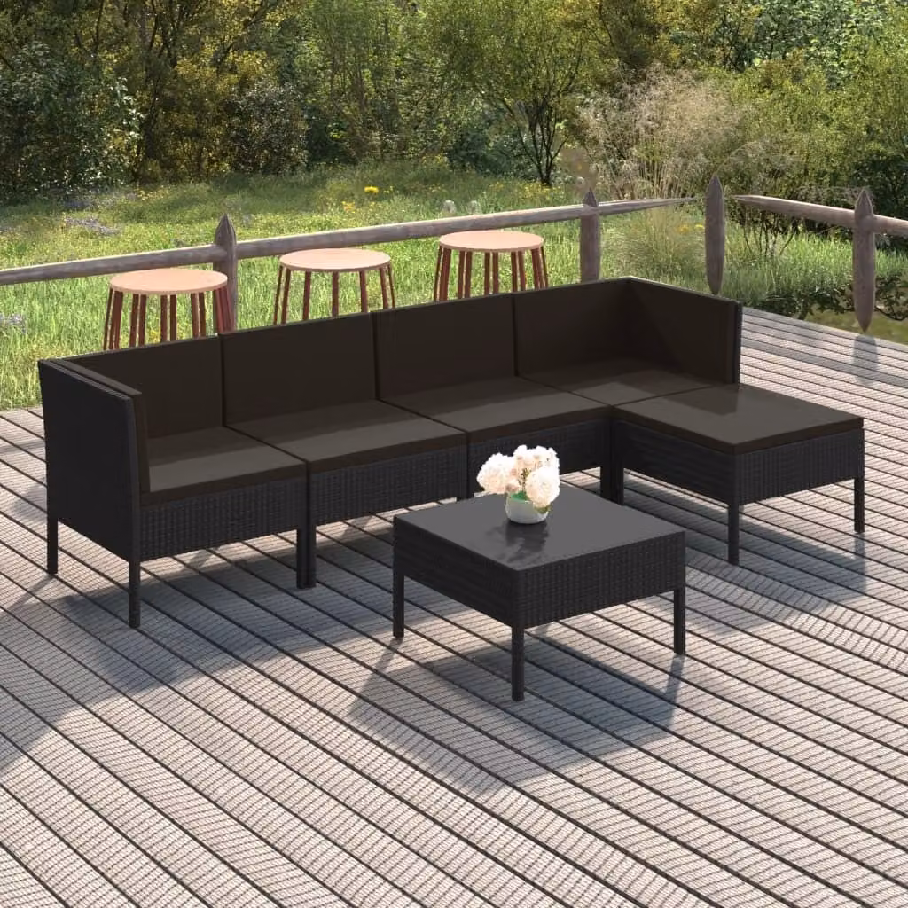 The Living Store Set da giardino da 6 pezzi con cuscini in poly rattan nero