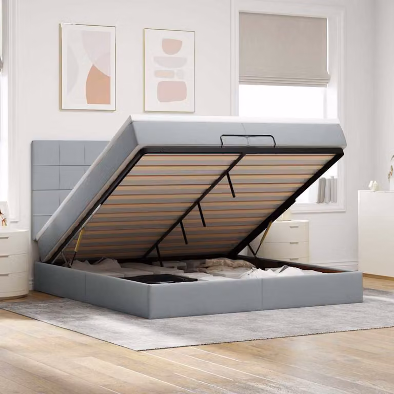 vidaXL Struttura Letto con Contenitore e Materassi Ibridi in Tessuto, L/P/H: 200 x 200 x 128 cm, Grigio e Bianco