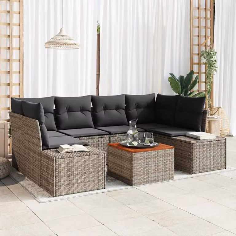 Set Divano da Giardino Moderno vidaXL a Forma di L in Polyrattan Grigio con 7 Pezzi e Cuscini Inclusi