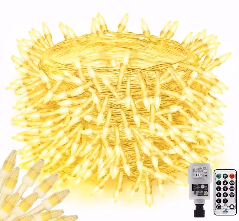 Catena luminosa LED da 120 metri, con 800 LED bianco caldo, telecomando, timer e grado di protezione IP44