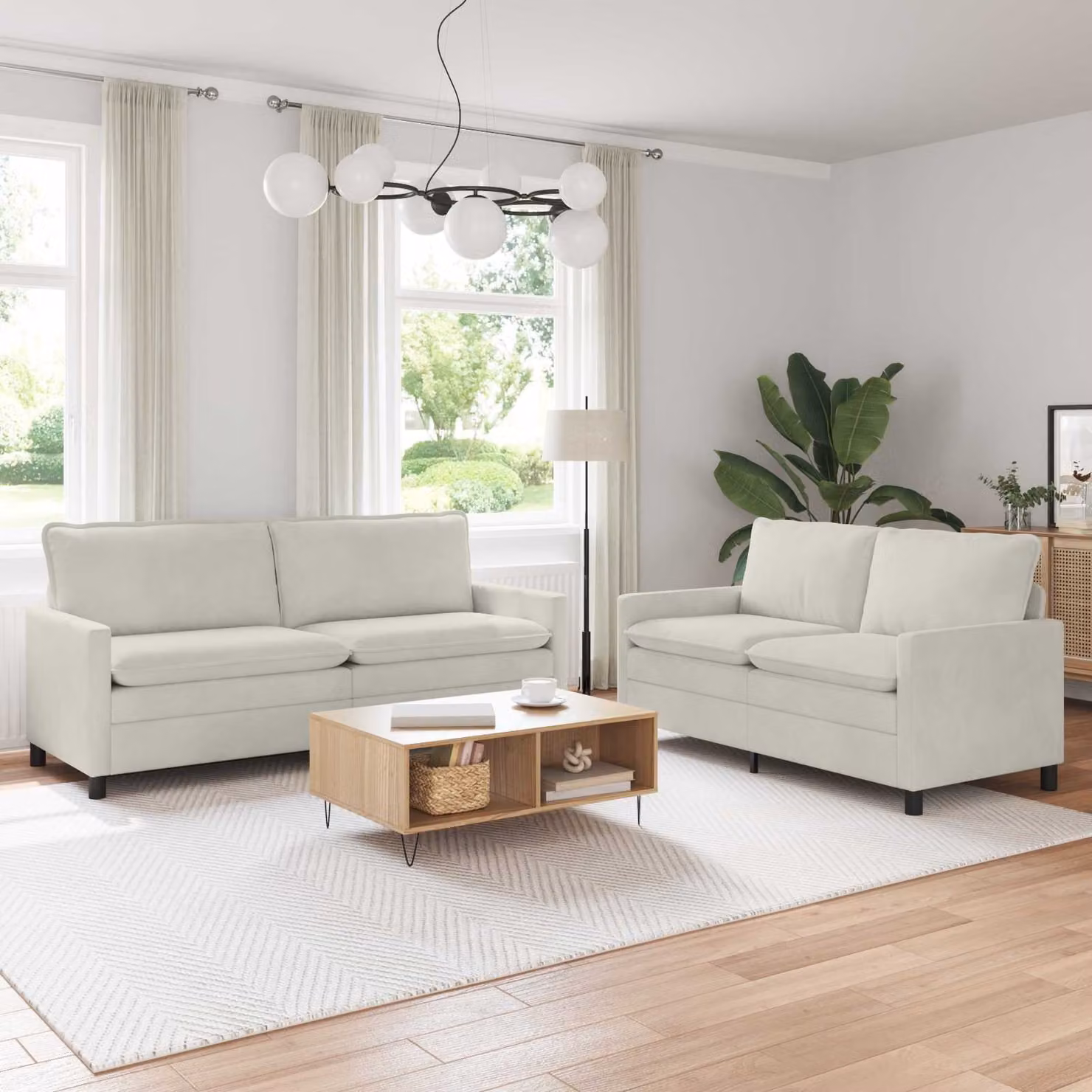 Set di 2 divani moderni vidaXL in velluto beige con struttura in metallo e cuscini inclusi