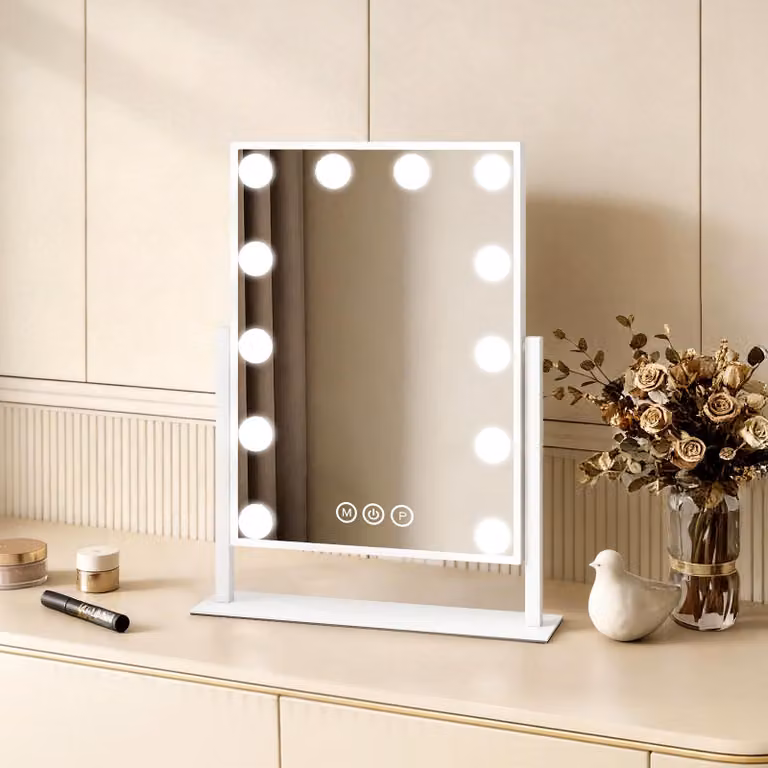 Specchio cosmetico EMKE con illuminazione a LED 47,5 x 36,5 cm Specchio per trucco Ingrandimento 7x 3 colori di luce Dimmerabile Ruotabile a 360°, bianco