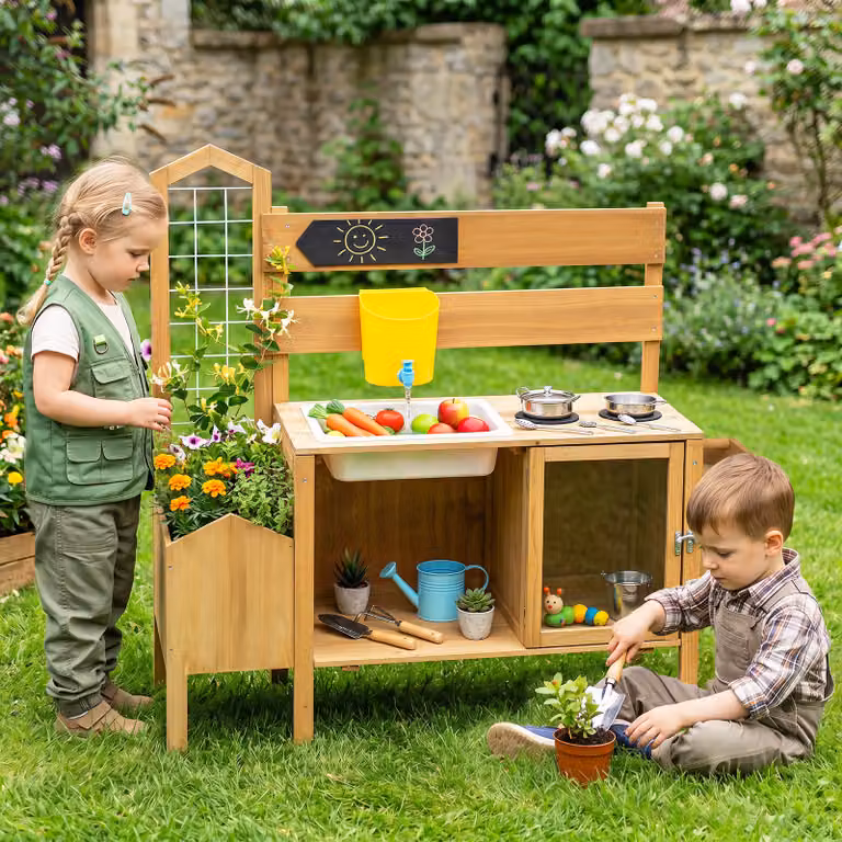 Cucina giocattolo interattiva Costway in legno marrone con lavello e traliccio per bambini dai 3 anni in su