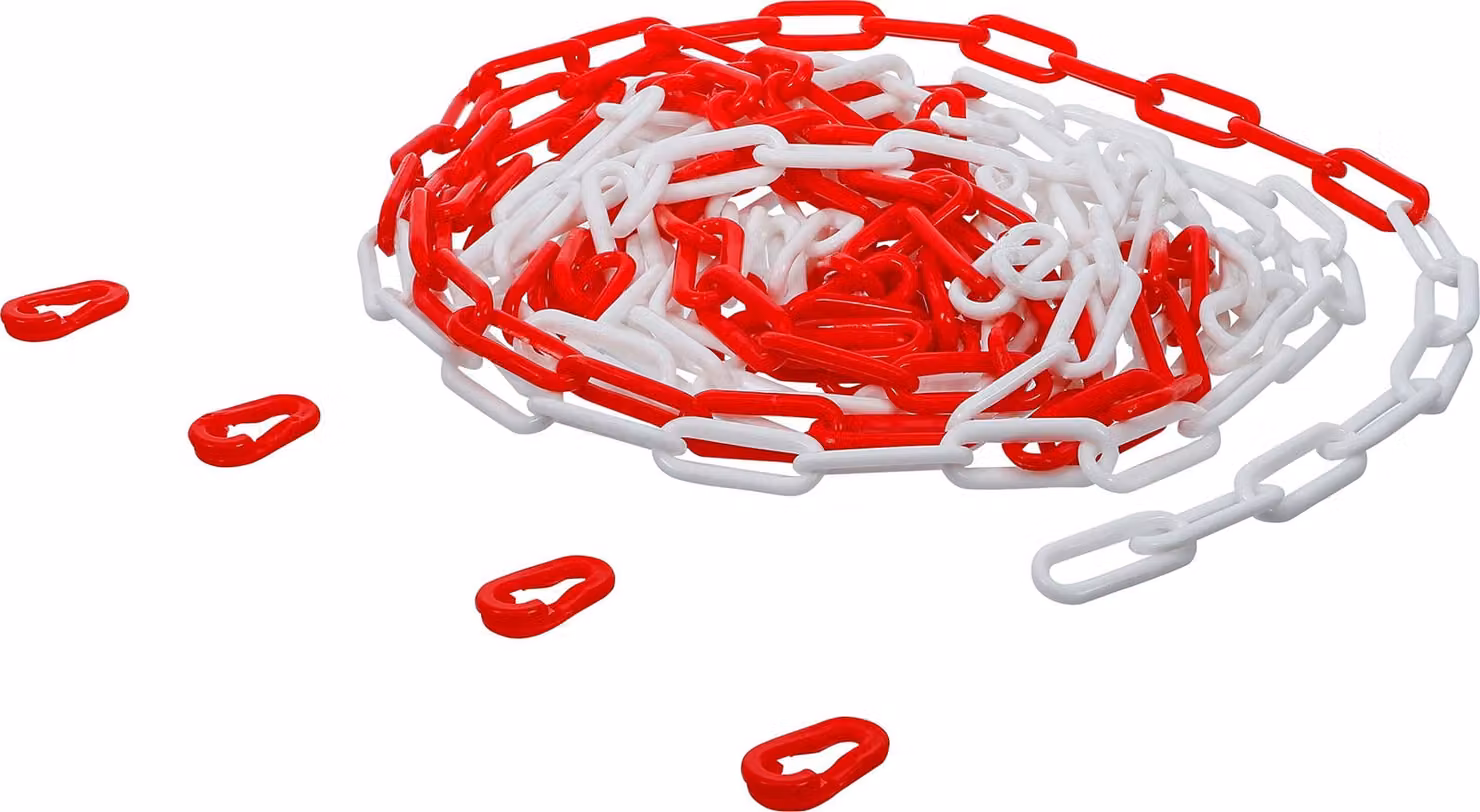 Catena di delimitazione rosso e bianco, in plastica, lunghezza 7,5 metri, con 4 ganci a uncino