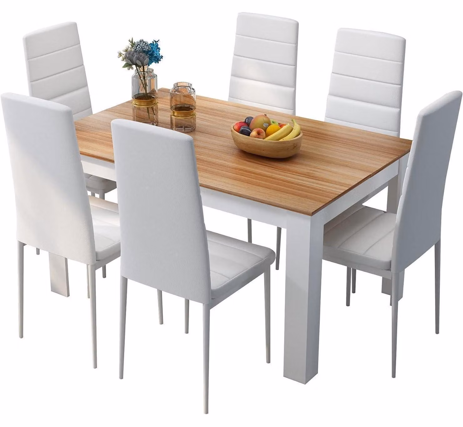 Set da pranzo composto da un tavolo e 6 sedie, con schienale alto, rivestite in ecopelle, nei colori bianco e legno di quercia, dimensioni: 138 x 90 x 75 cm