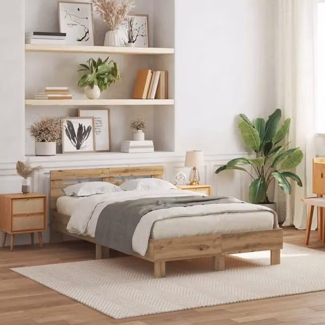 Struttura letto moderno vidaXL in legno color rovere con illuminazione sottostante e porta USB L/P/H: 200 x 120 x 70 cm – 1