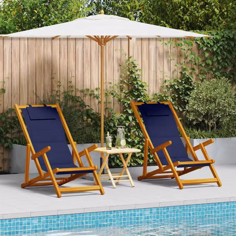 Set di 2 sedie da spiaggia vidaXL in legno di acacia con tessuto textilene e cuscini, colore marrone e blu