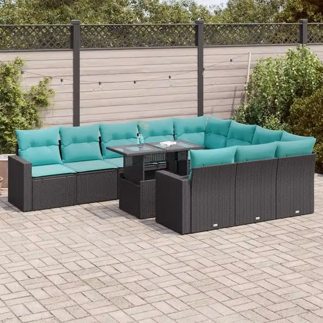 Set di Divani da Giardino a Forma di U vidaXL in Polyrattan Nero con Cuscini Blu Turchese e Tavolino da Esterno – 1
