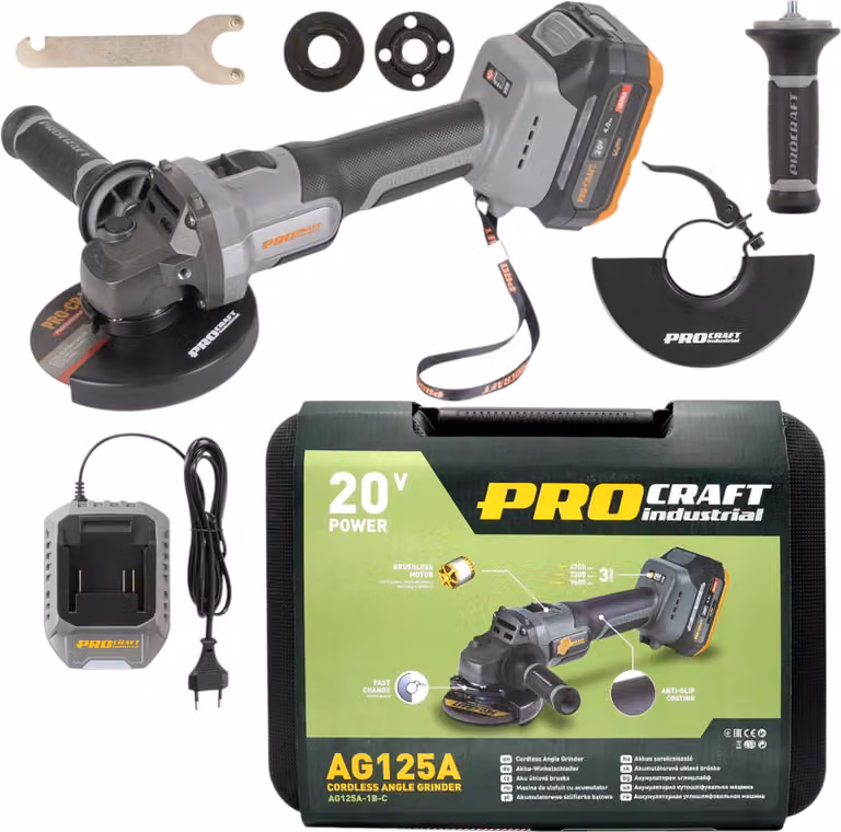 Procraft Industrial AG125A Smerigliatrice angolare a batteria 20 V 125 mm Brushless + 1x batteria 4,0 Ah + caricabatterie + valigetta