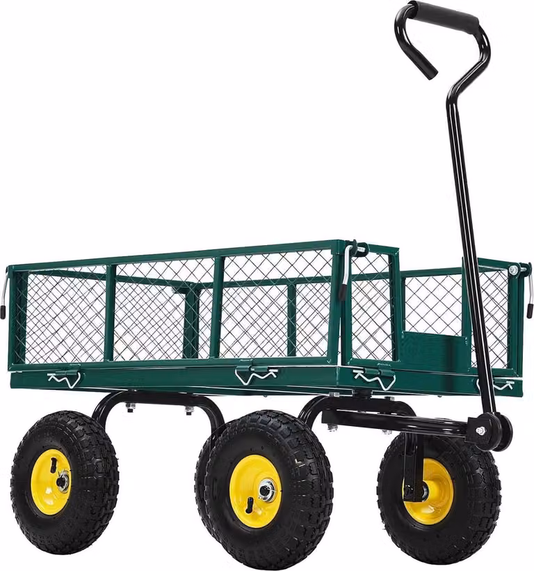 Carrello da giardino - Carrello in acciaio per carichi pesanti - Portata 408 kg - Maniglia girevole a 180° - Lati rimovibili - Per cortile e giardino - Bianco