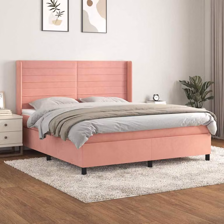 vidaXL Giroletto a Molle con Materasso Ibrido in Velluto Rosa e Bianco L/P/H: 160 x 200 cm