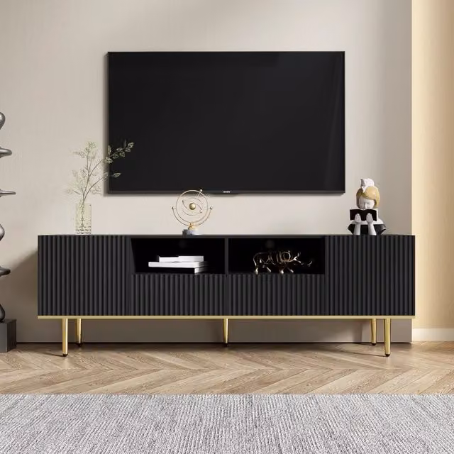 Mobile TV moderno REDOM nero e oro con 2 cassetti, L: 165 cm, P: 36 cm, H: 55 cm