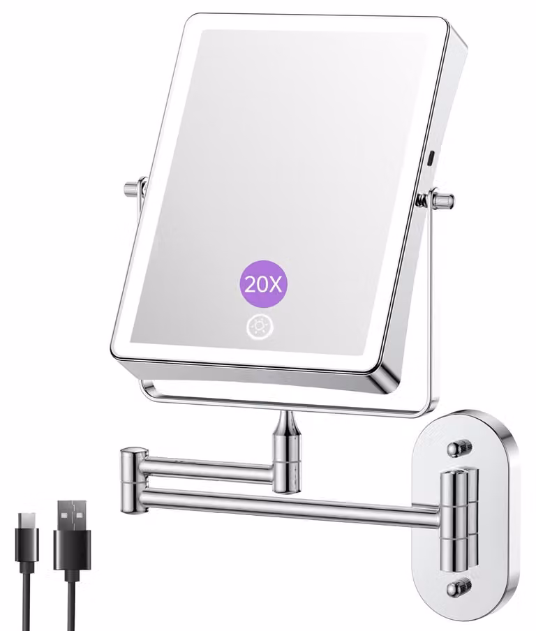 Specchio da trucco con luci LED, ingrandimento 1x/20x, ricaricabile, finitura cromata