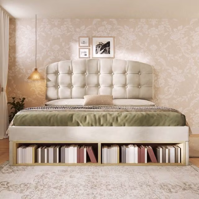 Letto matrimoniale 140×200 cm con cassetti, vani aperti e testiera regolabile, senza materasso, in velluto beige