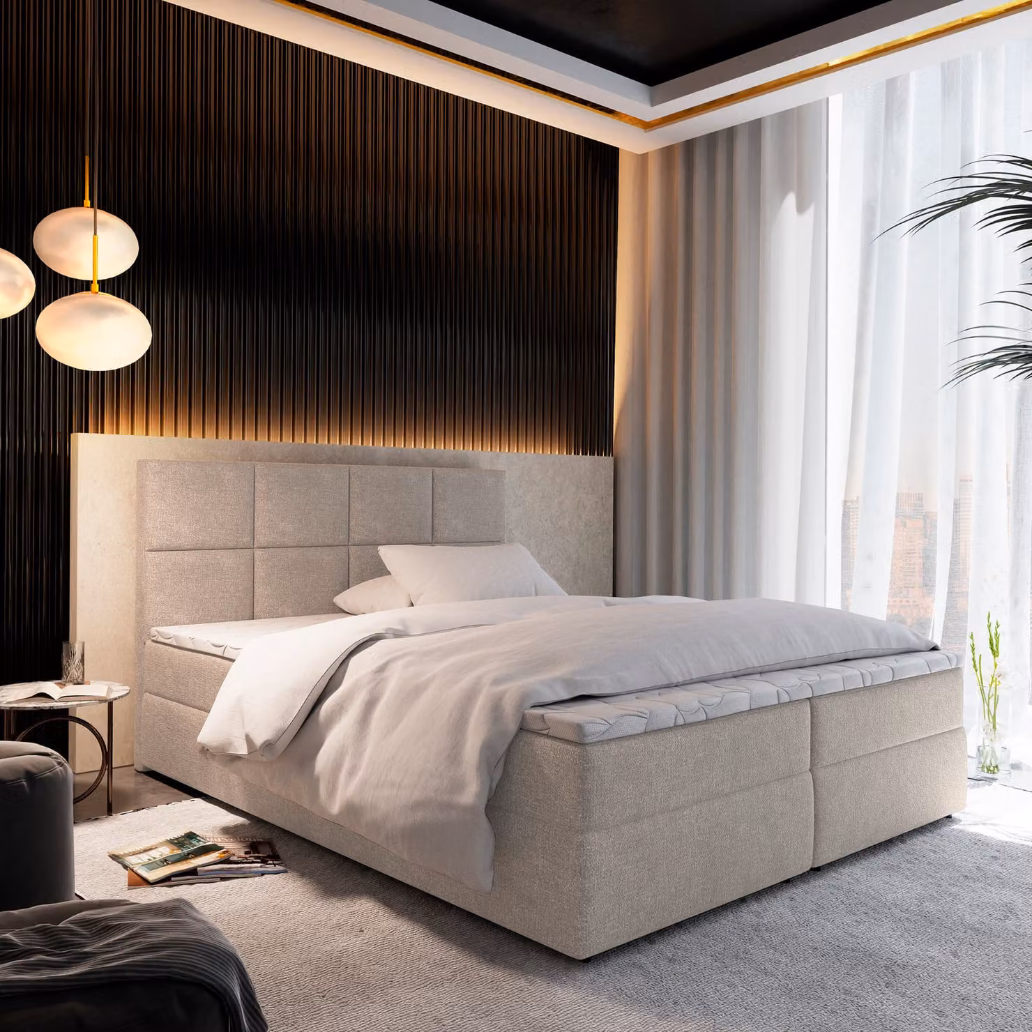 Letto a molle Masseno LENA 160x200 cm completo di materasso e topper Bonell, letto imbottito con cassettiera -Beige, COSMIC 10