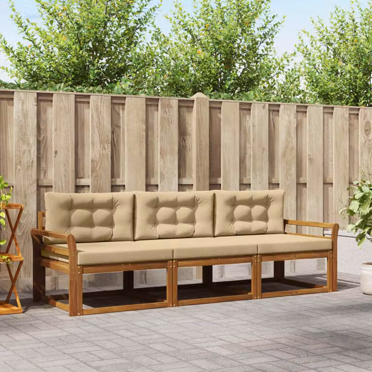 Set di divani da esterno vidaXL in legno di acacia con cuscini, 3 pezzi, Beige e Marrone