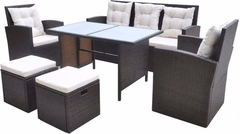 Set da Pranzo da Giardino 6 pz con Cuscini Polyrattan Marrone
