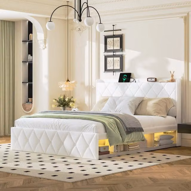 Letto matrimoniale imbottito 160x200 cm in tessuto teddy bianco con LED, 6 cassetti e porta USB integrata