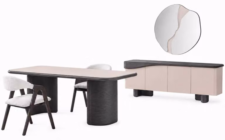 Tavolo da pranzo moderno, set completo con 2 sedie, mobili credenza con specchio