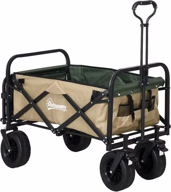 Carrello da Giardino GIORDANOSHOP con Maniglia Telescopica e Fondo Apribile in Acciaio e Tessuto Oxford Beige e Verde