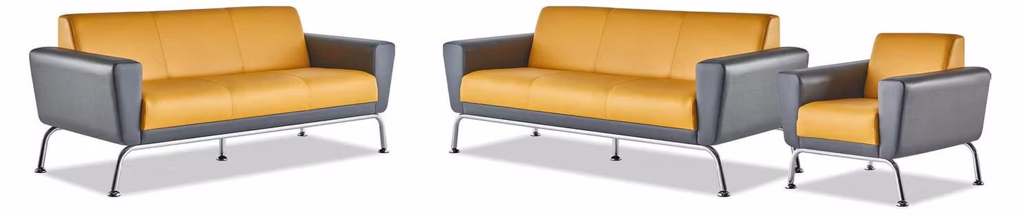 Ledersofa Leder Edelstahl Modern Gelb Grau 3-Sitzer Sessel Sofa-Set