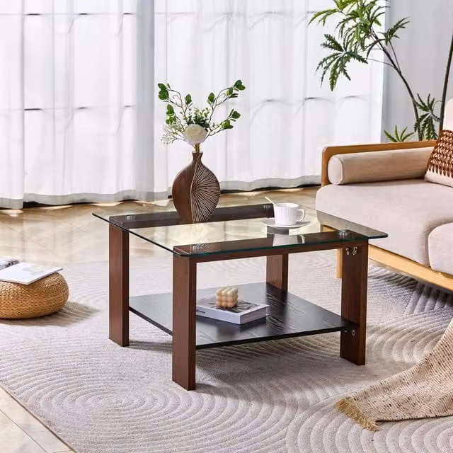 Tavolino basso fisso con piano in vetro e ripiano portaoggetti in MDF color noce 65 × 41 × 45.5 cm