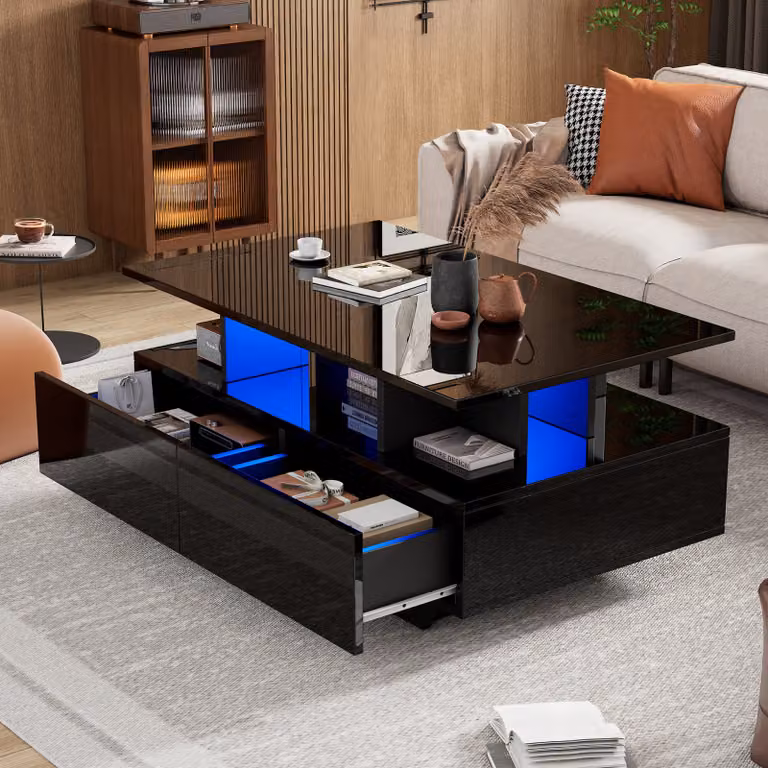 Tavolino Abrihome Tavolino 90x55x41 cm con luci LED e 2 cassetti, vani a giorno, nero