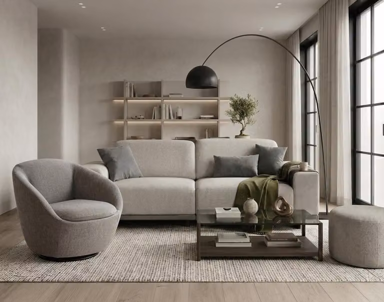 Divano beige per soggiorno, elegante poltrona in tessuto a tre posti, poggiapiedi
