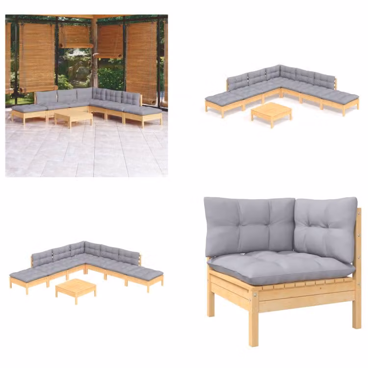 vidaXL set salotto da giardino 8 pezzi con cuscini grigi in legno di pino - Set salotto da giardino - Set salotto da giardino - Set mobili da giardino - Set mobili da giardino