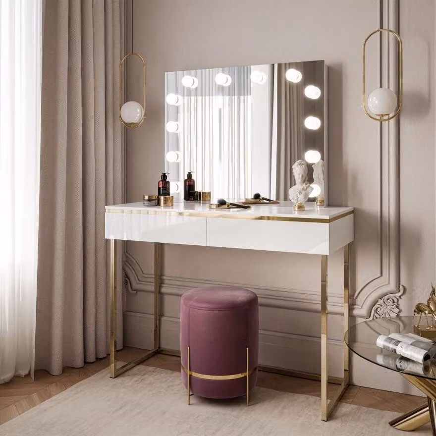 Tavolo da toeletta AURORA GOLD ELITE con specchio bianco lucido