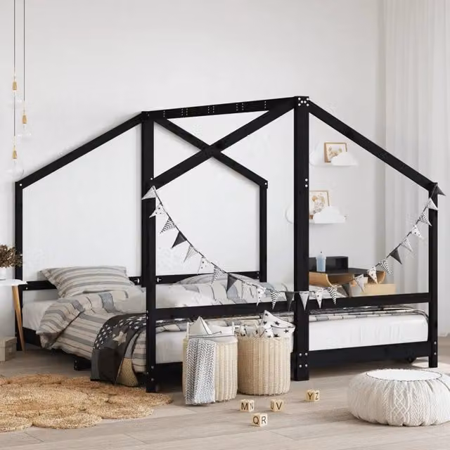 Giroletto per Bambini-Struttura Letto Bambini Nero 2x(90x190) cm Legno Massello di Pino