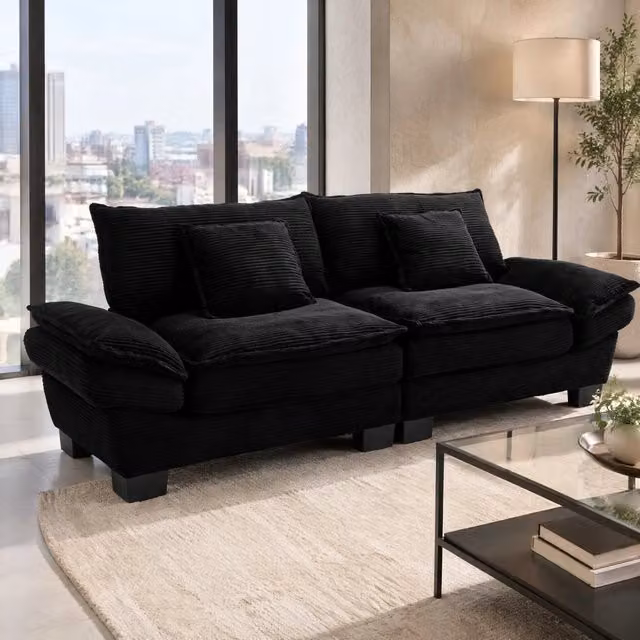 Divano a 2 posti in velluto nero 224 x 81 x 81 cm con braccioli e cuscini