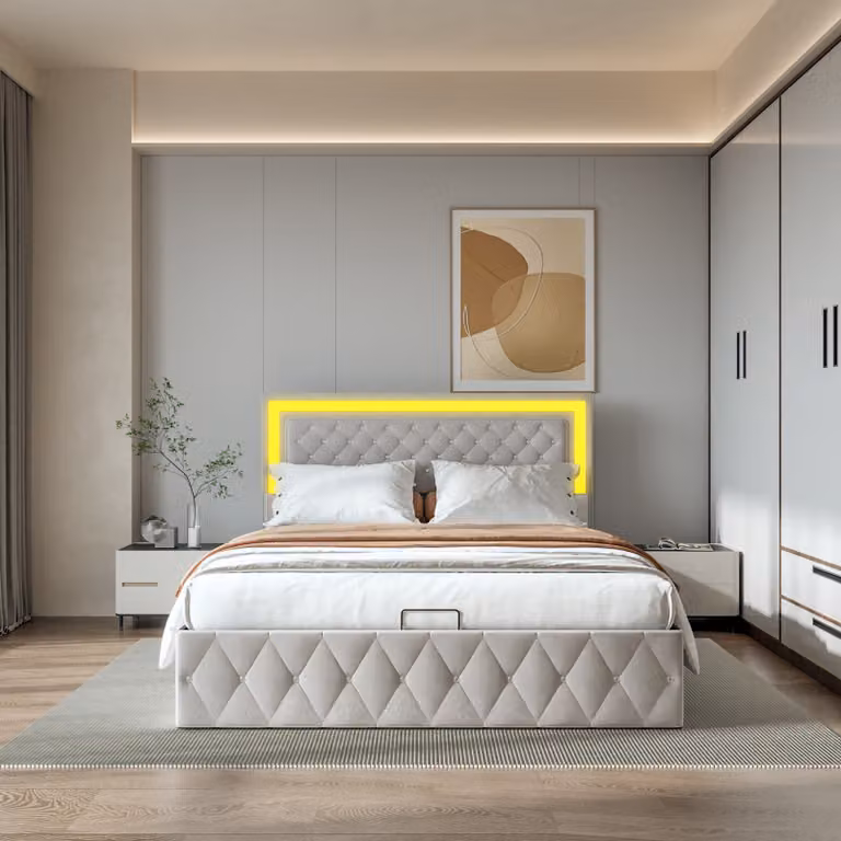 Letto Moonbite con contenitore, 140x200 cm, rivestito in velluto beige, testiera LED regolabile, sistema di sollevamento a gas, ampio contenitore – Design classico e funzionale