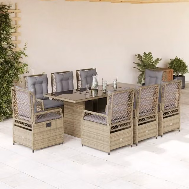 Set da Pranzo da Giardino vidaXL in Polyrattan con Cuscini Beige e Grigio e Tavolo in Vetro, 9 Pezzi