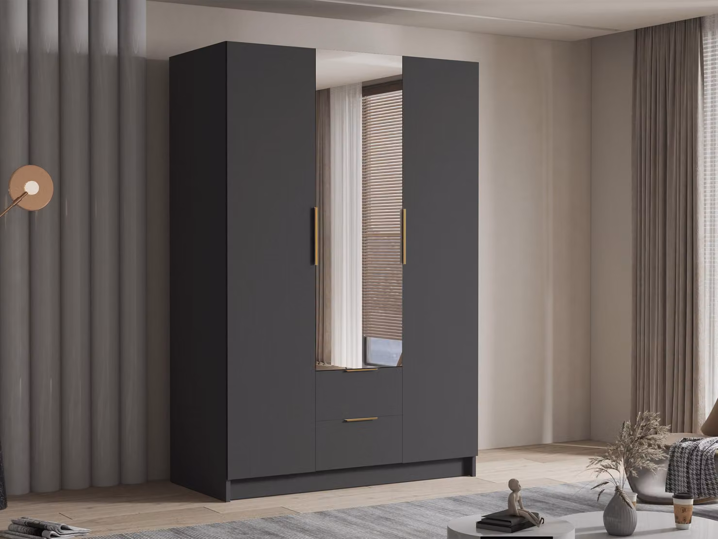 MIRJAN24 Armadio Calwi II 150, camera da letto, con specchio, armadio a battente, con asta appendiabiti, moderno, armadio, maniglie in metallo (colore: nero + oro)