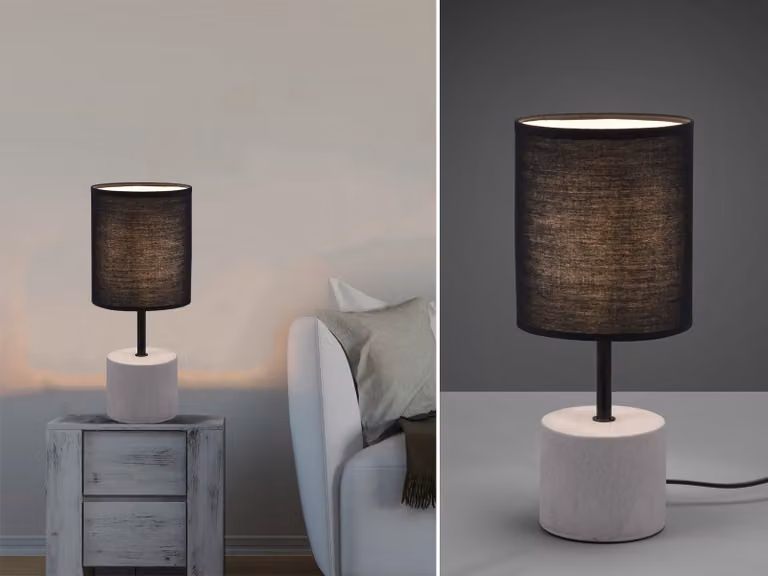 Lampada da tavolo BEN 35cm, base in cemento e paralume in tessuto nero