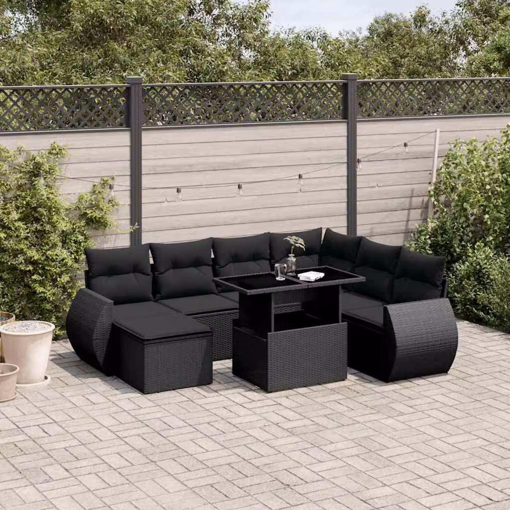 Set Divani da Giardino vidaXL a Forma di L in Polyrattan Nero con 8 Cuscini e Tavolino – 1