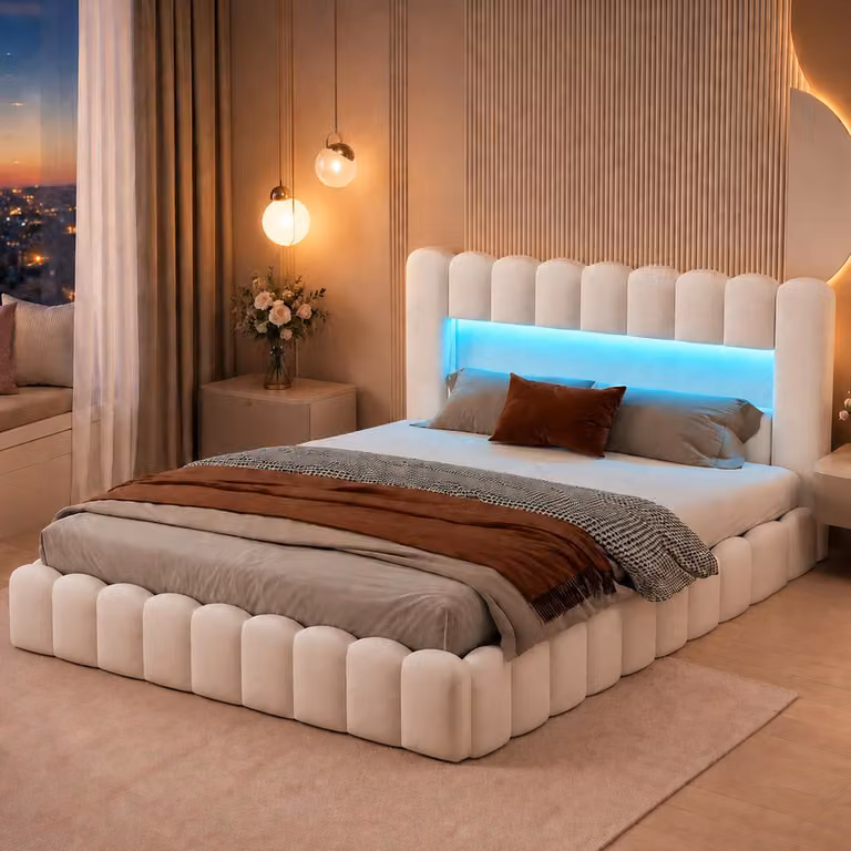 Letto imbottito INONEFT 140x200 cm con LED e porta USB di tipo C, letto con struttura a molle e rete a doghe, contenitore integrato, colore beige