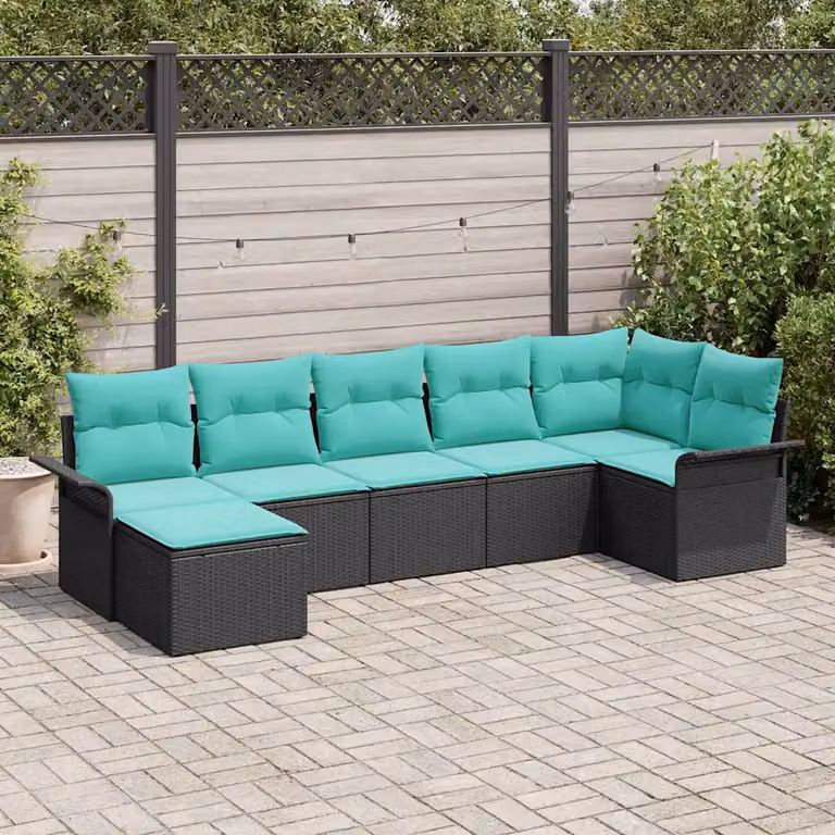 Set Divano da Giardino vidaXL 7 pz Moderno a Forma di L con Cuscini e Tavolino, Colore Nero e Turchese, Struttura in Metallo e Polyrattan