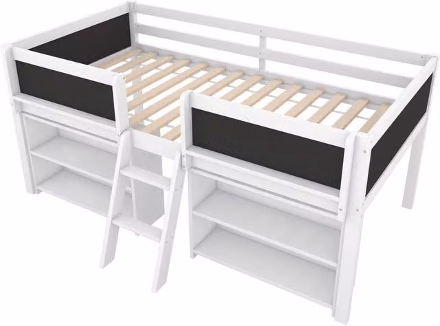 Letto a soppalco 90x200 cm in legno di pino bianco con mensole, sponda di sicurezza e scala, senza materasso