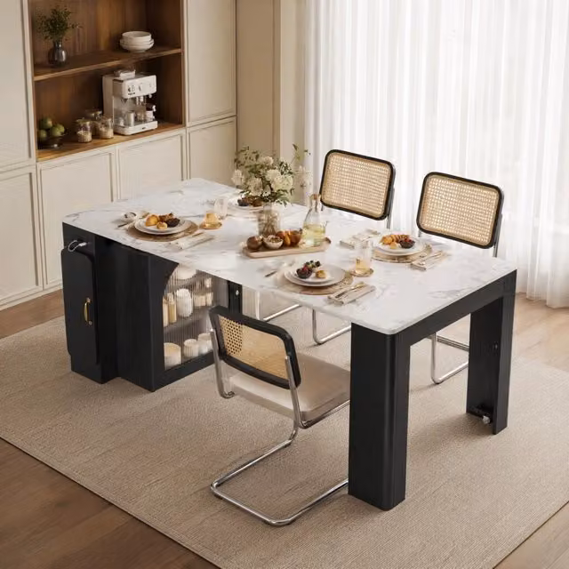 Tavolo da pranzo estensibile con ruote, LED e prese USB Type-C, piano effetto marmo, per cucina e sala da pranzo