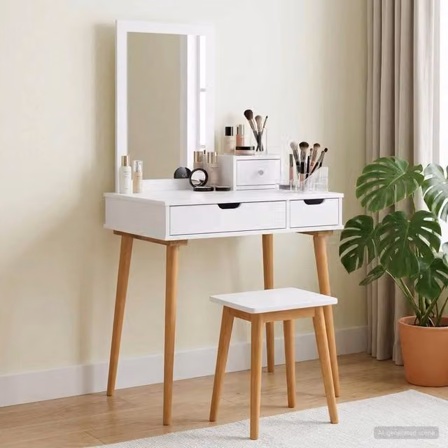 Set da Trucco Moderno vidaXL Bianco in Legno e MDF 3 Pezzi L: 76 cm, P: 50 cm, H: 143 cm