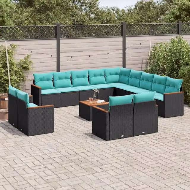 Set di Divani da Giardino a L con Tavolino vidaXL, 14 Pezzi in Polyrattan Nero con Cuscini Blu e Rivestimenti Rimovibili