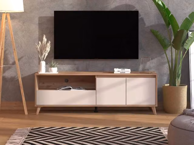 Mobile porta TV moderno DMORA con un cassetto in legno color beige L: 157 cm, P: 40 cm, H: 52.5 cm – 1