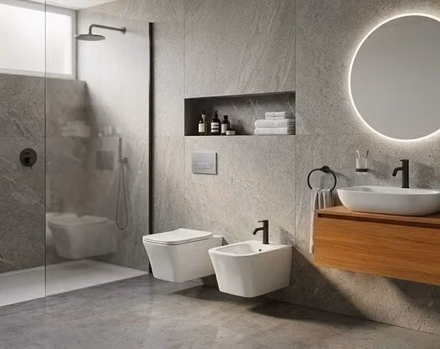 Set di sanitari sospesi WC e bidet in ceramica Mezzogiorno Taco Bianco Lucido con copriwater soft-close