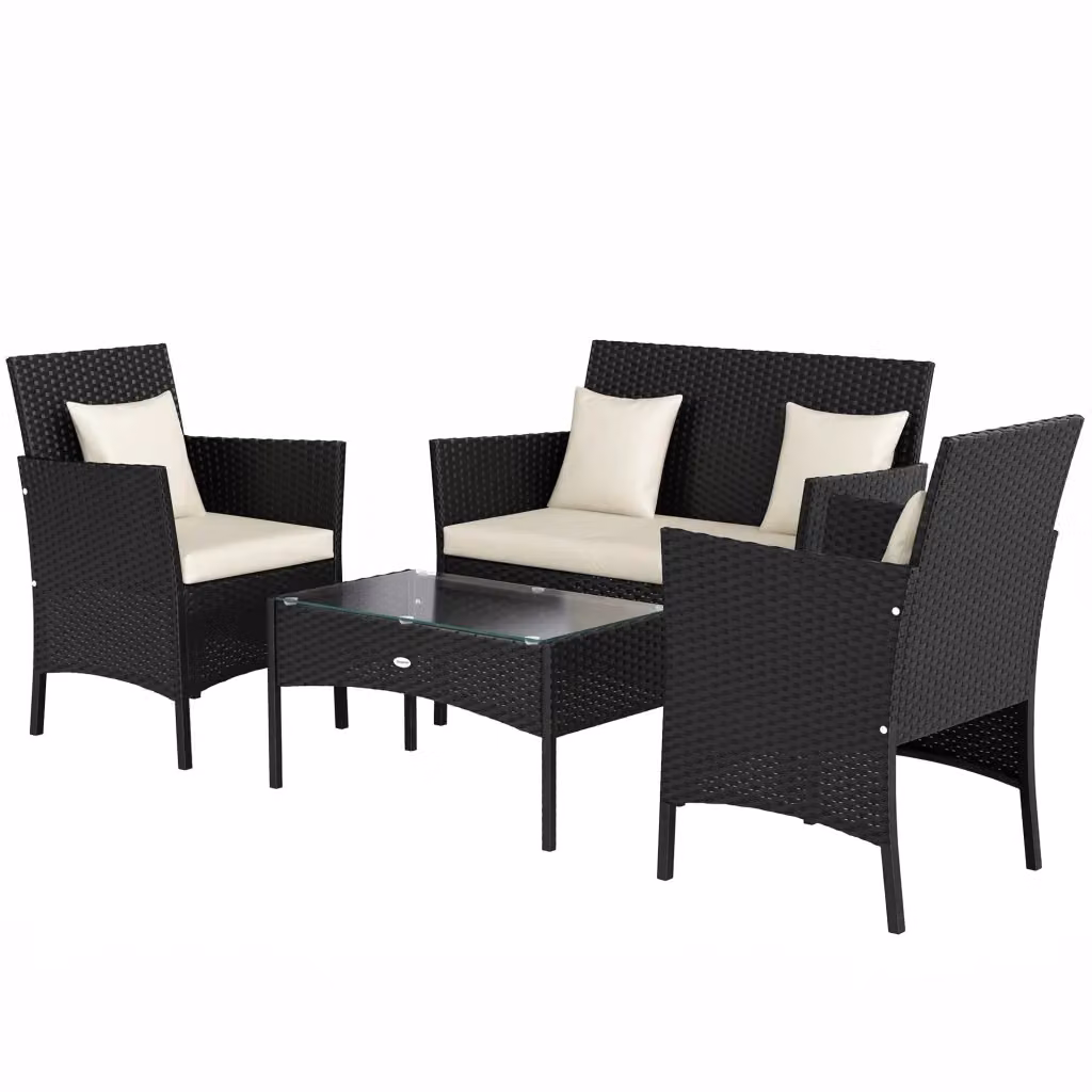 Set da Giardino Zephmum 4 Pezzi in Rattan Grigio con Divano a 2 Posti, Poltrona e Tavolino in Metallo e Vetro – 2