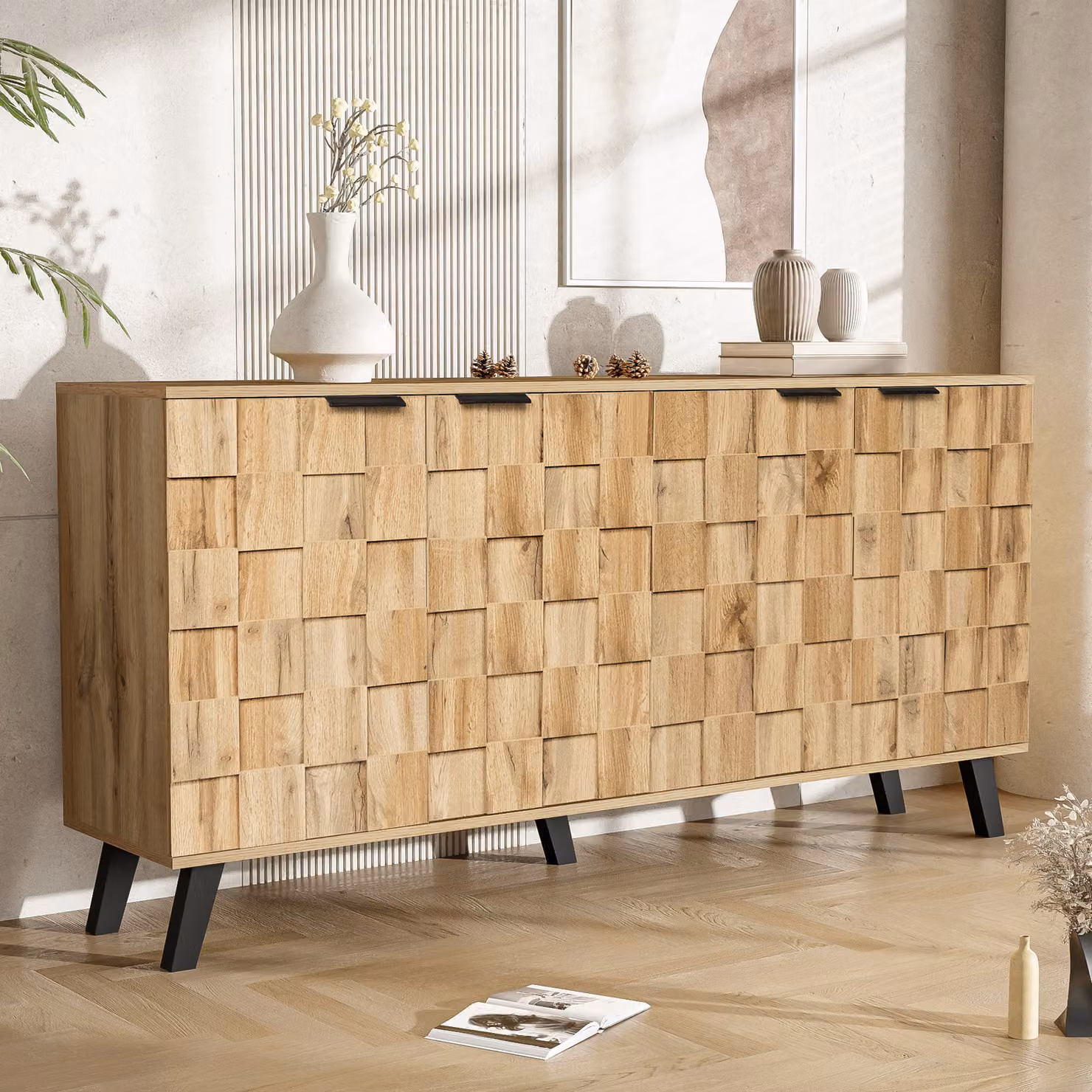MODFU Comò Armadio da cucina a 4 ante, armadio, credenza per soggiorno, camera da letto, camera dei bambini, camera dello studente e ufficio, finitura naturale