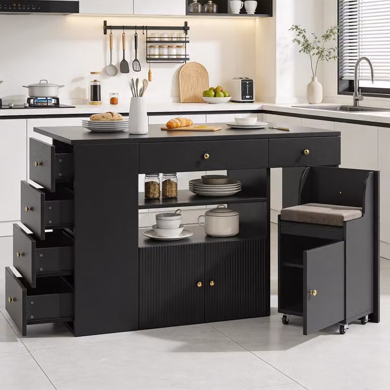 Isola da cucina con piano di lavoro e sgabelli, dimensioni 140x40x89 cm, colore nero